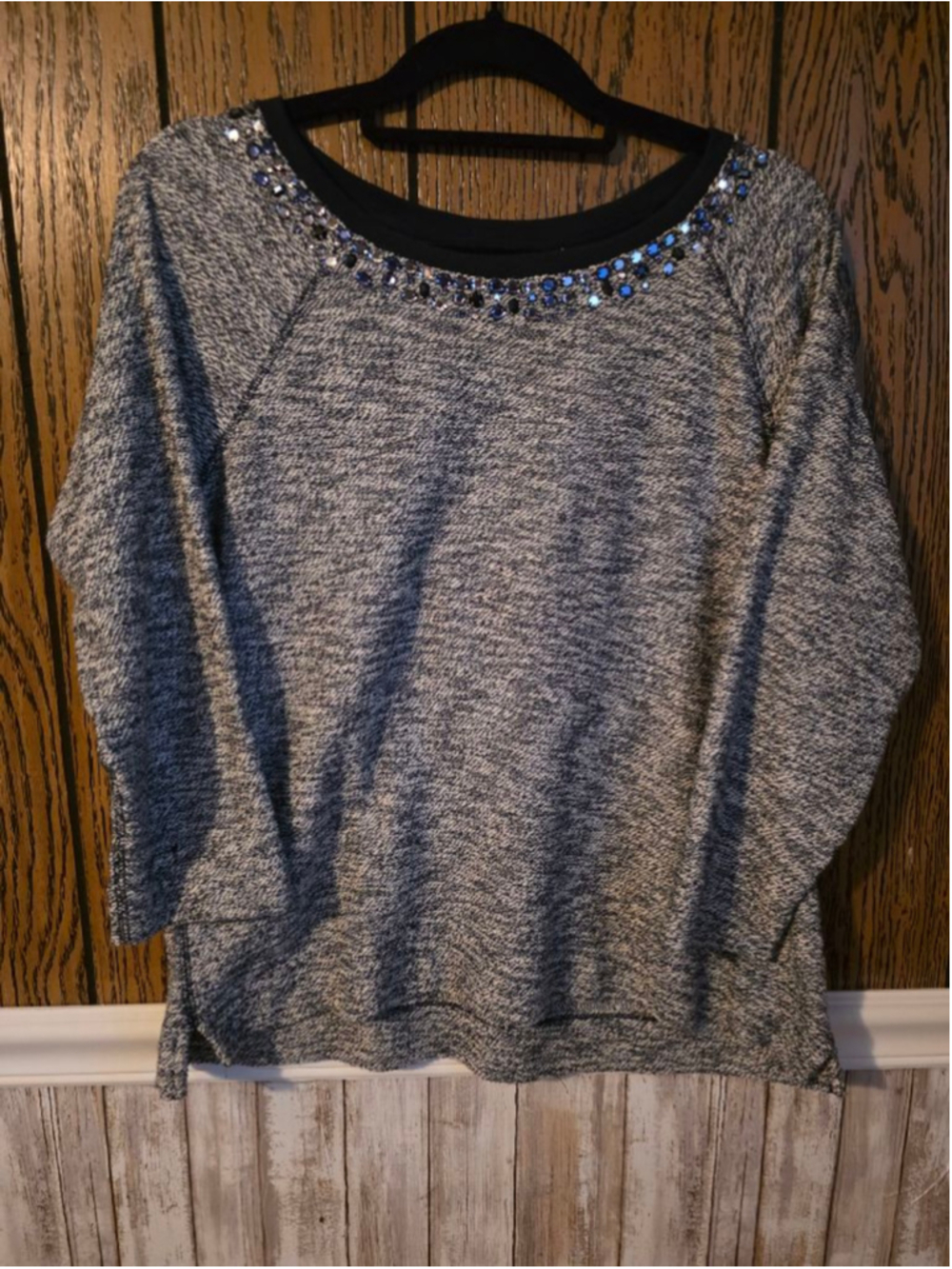 Women's Lands' End Crew Neck Sweater 14P Gray Black Embellished
